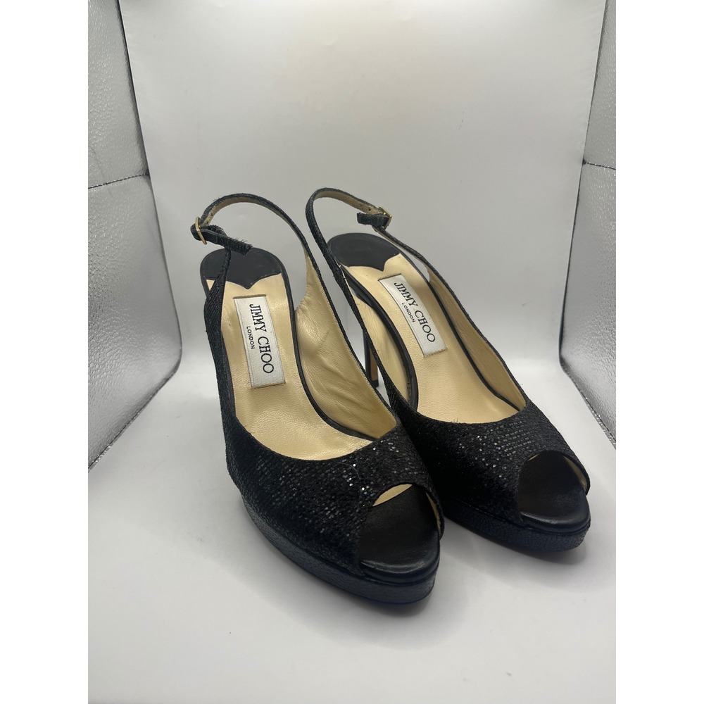 Jimmy Choo Glitter Peep Toe Slingback Heels Black Made in Italy Size‎ 38